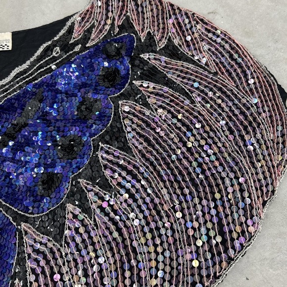 Vintage 1970s Retro Disco Boho Beaded‎ Sequin Butterfly Silk Top - Picture 3 of 9